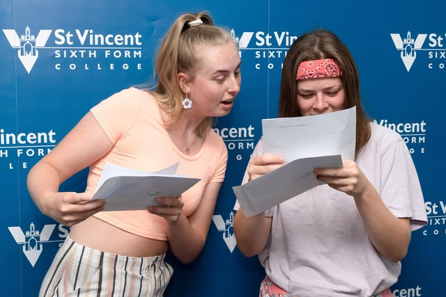 Millie Norton and Eloise Buzk check out their results at St Vincents College. Picture: Keith Woodland