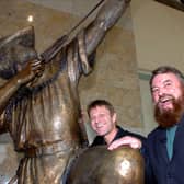 Film stars Sean Bean and Brian Blessed are pictured with the statue of Robin Hood at Robin Hood Airport, which, they unveiled.