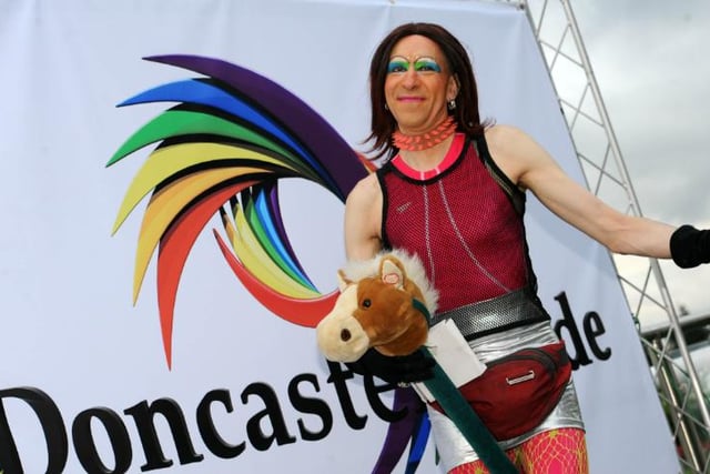 A performer on stage at the 2010 gay pride event.