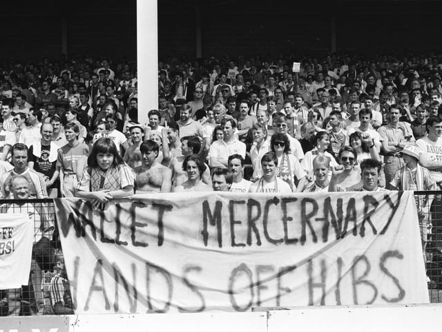 Thousands of fans attended a rally at Easter Road in support of the Hands Off Hibs campaign.