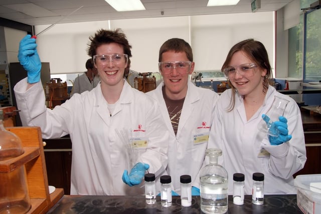 King Ecgbert School team of (l-r) Alice Roworth, Ben Fielding and Katy Davis in Bangor University's Chemistry Lab for the UK Finals of Schools' Analyst Competition.