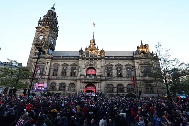 Sheffield United celebrated promotion at the Town Hall: Darren Staples/Sportimage