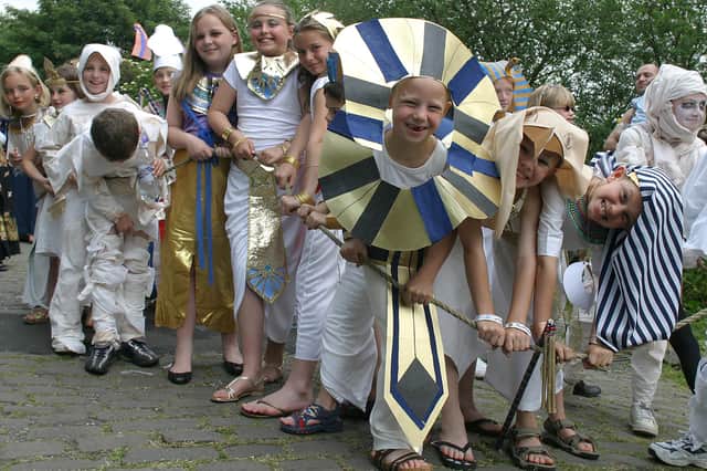New Mills carnival Egyptian slaves dragging a pyramid - Thornsett primary