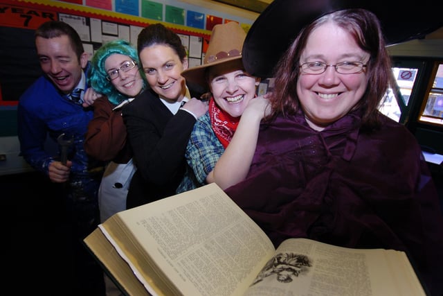 Teachers at Balby Carr School, Doncaster take part in World Book day events in March 2014 by dressing as Roald Dahl characters