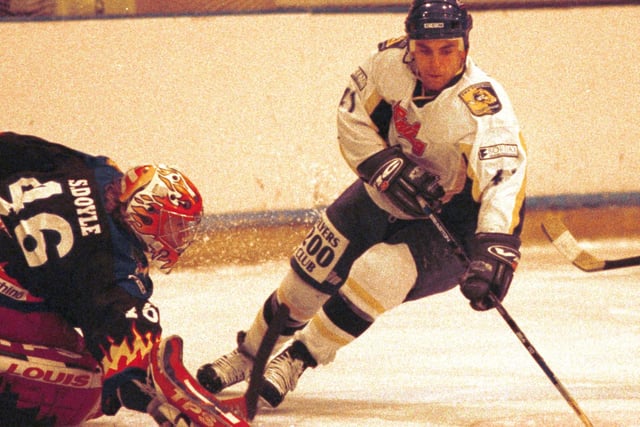 1999 - record powerplay goalscorer, and the undisputed master of the boards, Russell Monteith  in action (Pic: Bill Dickman)