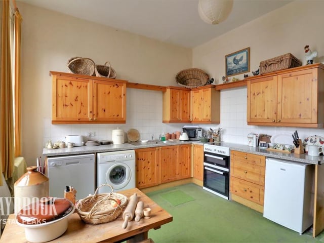 The kitchen is a decent size, with good storage options and room for appliances.