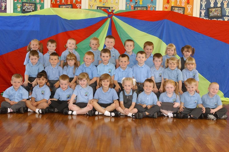 Here is a 2003 line-up of reception class pupils at St Aloysius RC Infants School. Can you spot someone you know in Mrs Scullion and Mrs Cockburn's class?