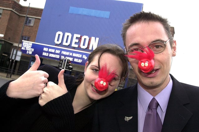 Doncaster's Odeon Cinema assistant manager Sonia Pollard gives Red Nose Day the thumbs up as manager Kenny Rice joined in the fun in 2003