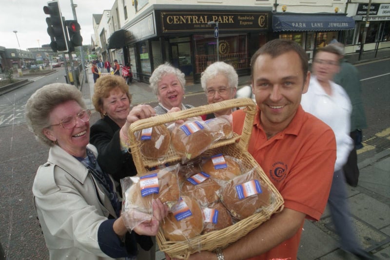 Michael Sproat gave away free sandwiches to Sunderland shoppers Margaret McNichol, June Smith, Jean Evans and Kathy Boscher during National Sandwich Week in May 1998. Remember this?