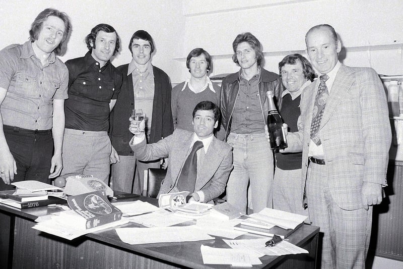 Stags celebrate promotion. Pictured from the left: Kevin Bird, Kevin Randall, Ernie Moss, Ian McDonald, Ian McKenzie, Jerry Clarke, coach,and club chairman Arthur Patrick. Seated is team manager Peter Morris in 1977.