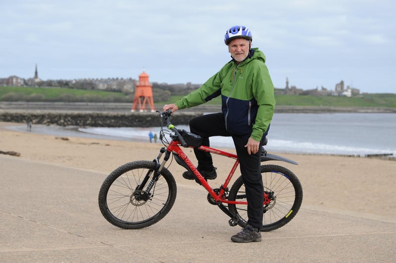 Tony Copeland on a bike ride along Littlehaven Beach in South Shields.