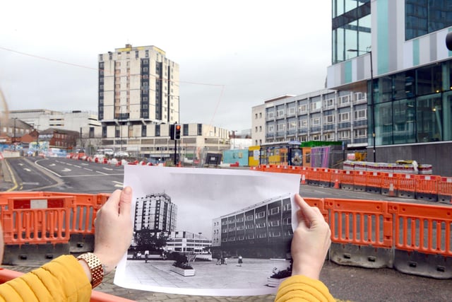 A Retro photograph from the Sheffield Newspapers archive held in front of the Grosvenor House Hotel in the background as it was about to be fully demolished