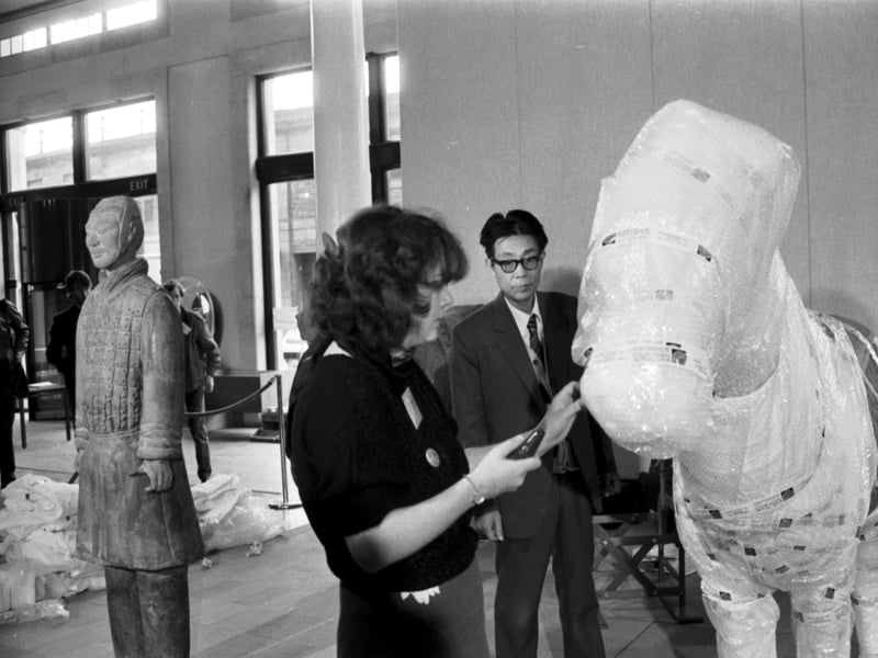 Yuan Zhong Yi was the Chinese archaeologist who excavated the Terracotta Army/Emperor's Warriors figures, which were found guarding the tomb of China's first emperor Shihuangdi. Mr Yi oversees a bubble-wrapped horse being opened at the City Arts Centre in Edinburgh in September 1985.