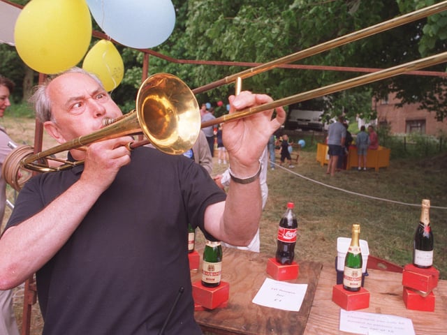 St Lukes Hospice Fair, pictured is Malcolm Rapson trumpeting up support for the Hoopla stand in 1997