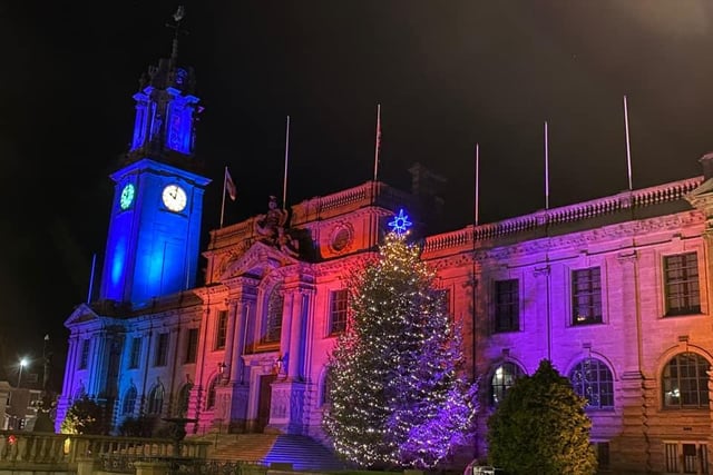 South Shields Town Hall bathed in colour.