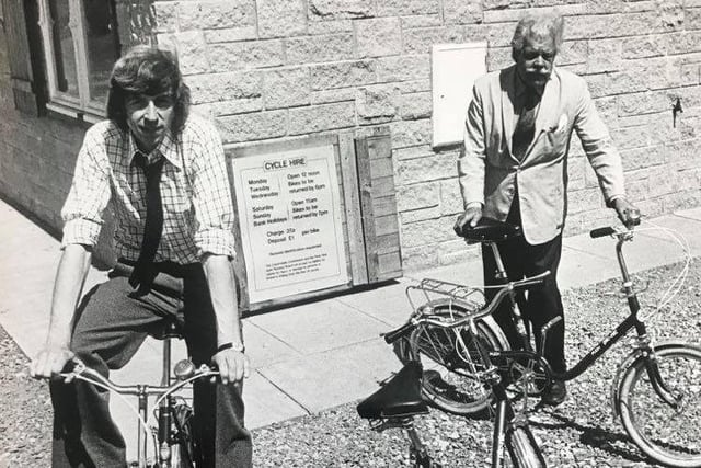 Haydn Morris and Cliff Hancock with some of the cycles for hire at just a mere 35p back in 1975 in Parsley Hey