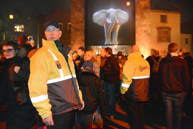 Stewards helping the crowds on Elvet Bridge where Elephantastic was one of the highlights of the Lumiere eight years ago.