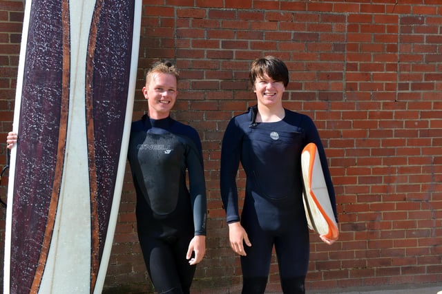 Friends Joseph Power and Dan Turnbull ahead of a surfing lesson in South Shields.