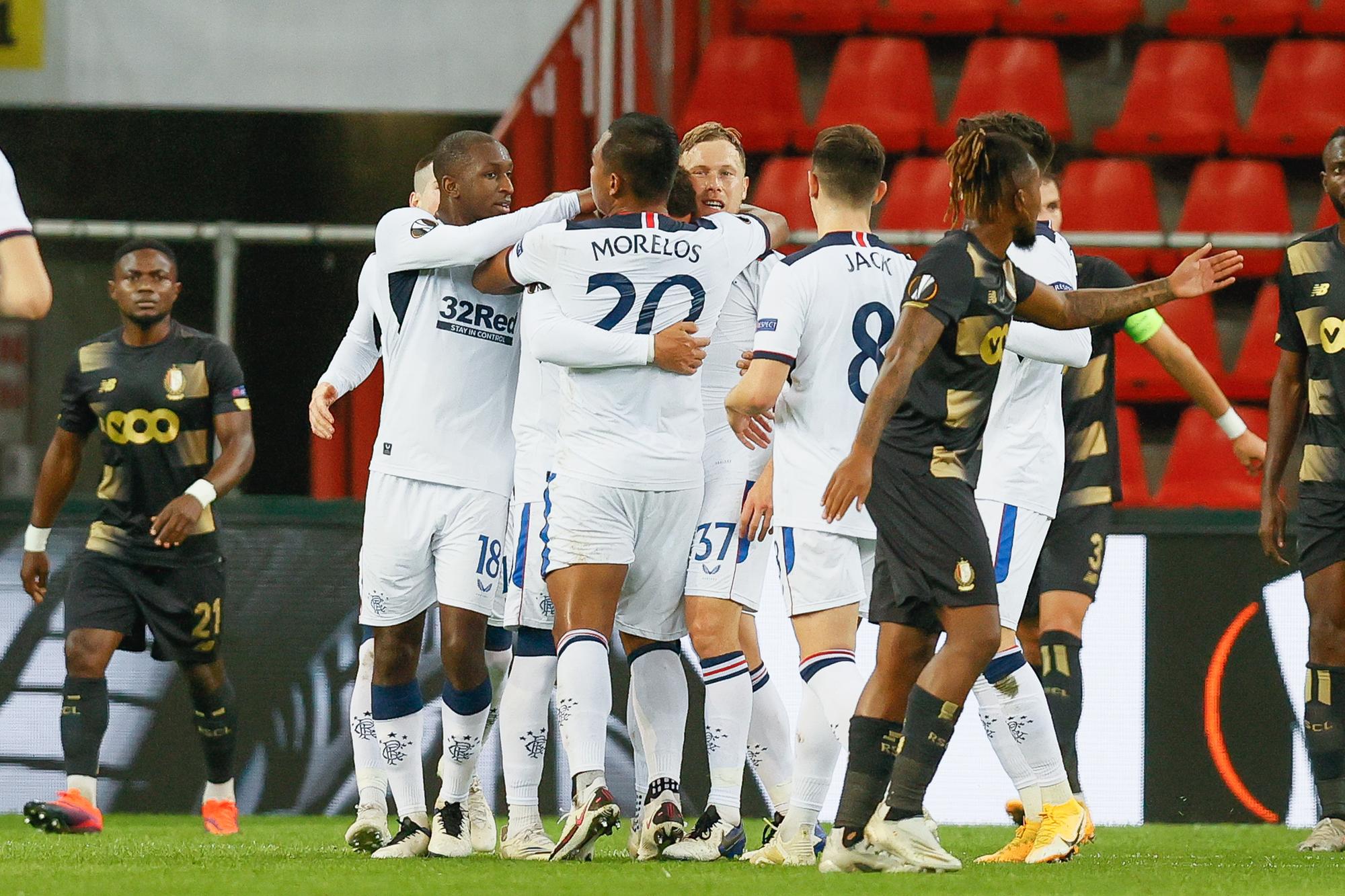 Rangers' players celebrate (Photo by BRUNO FAHY/BELGA MAG/AFP via Getty Images)