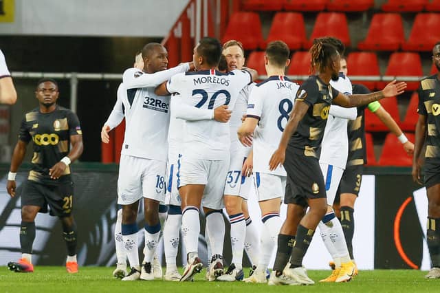 Rangers' players celebrate (Photo by BRUNO FAHY/BELGA MAG/AFP via Getty Images)