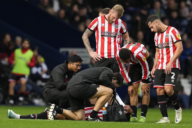 Rhian Brewster of Sheffield United receives treatment on his damaged hamstring at West Bromwich Albion: Andrew Yates / Sportimage