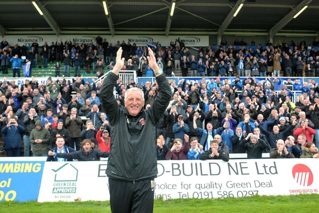 Hartlepool United manager Ronnie Moore celebrating in front of the Pools fans after the 2-1 win over Exeter City which saw Pools retain their Football League status. Picture by FRANK REID