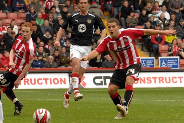 Billy Sharp of Sheffield United fires towards the  Bristol City  goal at Bramall Lane in October 2008