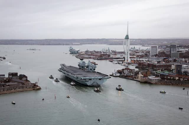 HMS Queen Elizabeth returns to Portsmouth.