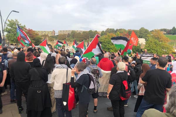 Protesters at an October 10 demonstration called by Sheffield Palestine Solidarity Campaign in support of the people of Gaza. People later marched up to Sheffield Town Hall, where protesters climbed up to take down an Israeli flag and replace it with a Palestine one. Picture: Claire Chandler