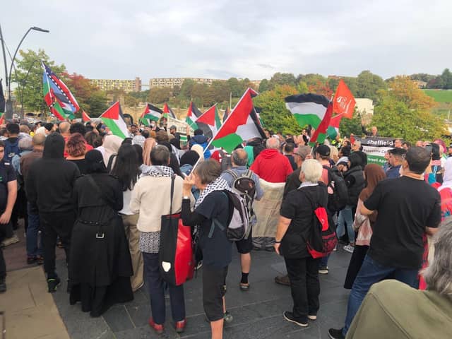 Protesters at an October 10 demonstration called by Sheffield Palestine Solidarity Campaign in support of the people of Gaza. People later marched up to Sheffield Town Hall, where protesters climbed up to take down an Israeli flag and replace it with a Palestine one. Picture: Claire Chandler