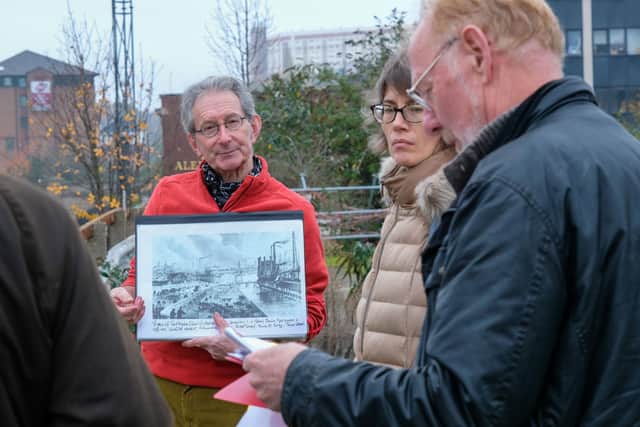 Simon Ogden conducts a tour of Sheffield Castle site where the old markets stood. Plans to open up the river and create an urban park are in early stages of planning and consultation
