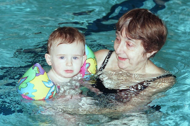 Pictured at Chapeltown Swimming Pool, where 21 mounth old Marcus Ambler is seen with his gramdmother Sylvia Lyne in the confidence building swimming for babies lesson in 2000