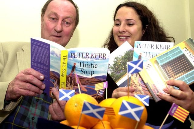 Author Peter Kerr visited Sprotborough Library in 2003. He is sat with Begona Hernandez a research assistant.