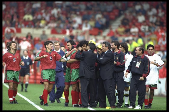 Portugal celebrate after Fernando Couto scored the winning goal against Turkey in their Group D match at the City Ground in Nottingham during the European Football Championships.