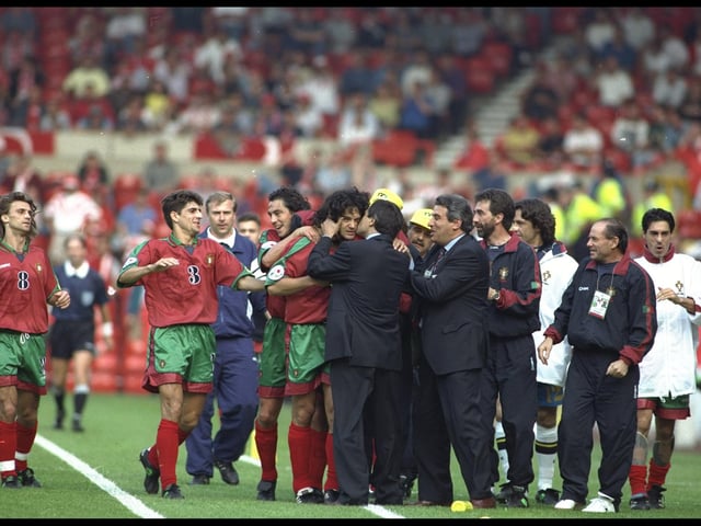 Portugal celebrate after Fernando Couto scored the winning goal against Turkey in their Group D match at the City Ground in Nottingham during the European Football Championships.