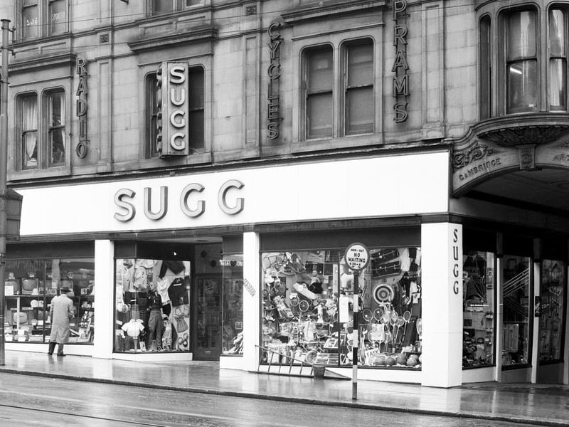 Sugg Sport, on Pinstone Street, Sheffield, in 1960. The business was a leading supplier of football, cricket and fishing equipment, and continued trading until 2002. To the right is the entrance to the old Cambridge Arcade.