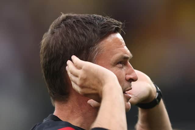 Paul Heckingbottom manager of Sheffield United gestures to Blades fans before the game against Watford (Marc Atkins/Getty Images)