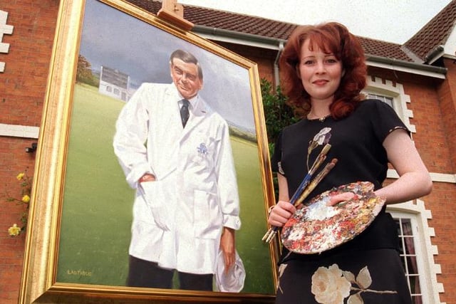 Artist Lucy J Lastique with her portrait of Cricket Umpire Dickie Bird, 1996.