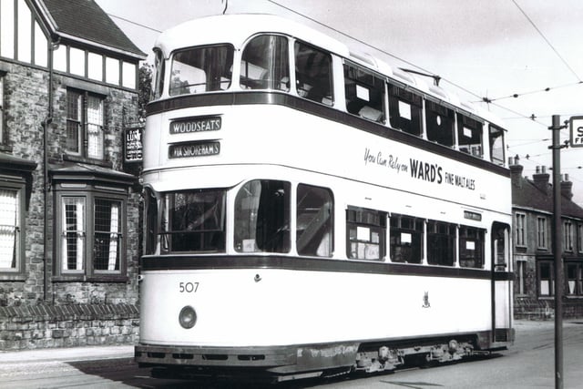 A tram on Abbey Lane in Woodseats near the junction of Camping Lane and Harbord Road on route 195