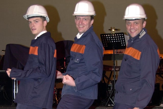 Sheffield Phoenix Operatic Society members Maclain Kilby, Barry Foster and Sean Walker go through their Full Monty routine in March 2003