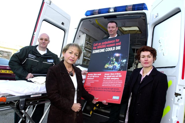 Health MInister and Doncaster Central MP Rosie Winteron (front, left) visited the Ambulance Station in Clay Lane West, Doncaster,  in 2003 to launch a camapign aimed at reducing the unnecessary use of ambulance time. Rosie with paramedic Stuart Nelson (left), technician darren Matthewman and Liz Howarth, the South Yorkshire Ambulance Sercvice's Director of Corporate Development.