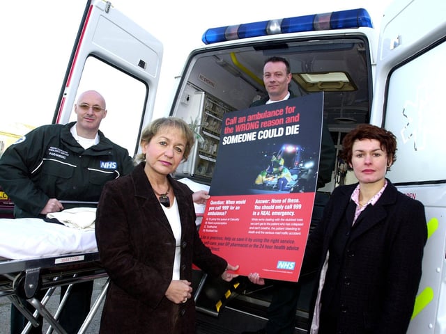 Health MInister and Doncaster Central MP Rosie Winteron (front, left) visited the Ambulance Station in Clay Lane West, Doncaster, in 2003 to launch a camapign aimed at reducing the unnecessary use of ambulance time. Rosie with paramedic Stuart Nelson (left), technician darren Matthewman and Liz Howarth, the South Yorkshire Ambulance Sercvice's Director of Corporate Development.