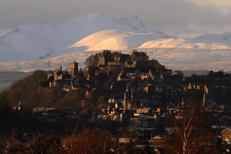 Stirling Castle, pictured here with snow covered mountains Stuc a Chroin and Ben Vorlich in the distance, is one of the largest and most significant castles in Scotland. Sitting strategically on Castle Hill, part of a 350 million-year-old rock formation, the castle has seen at least eight sieges - including an unsuccessful one by Bonnie Prince Charlie. 	The castle dates from at least early 12th century, present buildings mostly built between 1490 and 1600