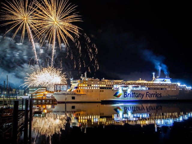 New Brittany Ferry Galicia arriving into Portsmouth from Santander, welcomed with fireworks. Picture: Portsmouth International Port/Paul Gonella/Strong Island Media