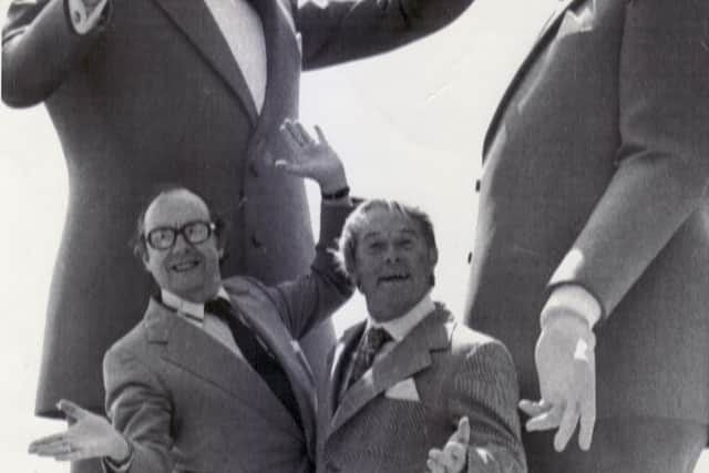 A nine foot high bright blue fibreglass statue of Eric Morecambe and Ernie Wise by Nicholas Monro at the British Genuis Exhibition, London - 4th August 1977