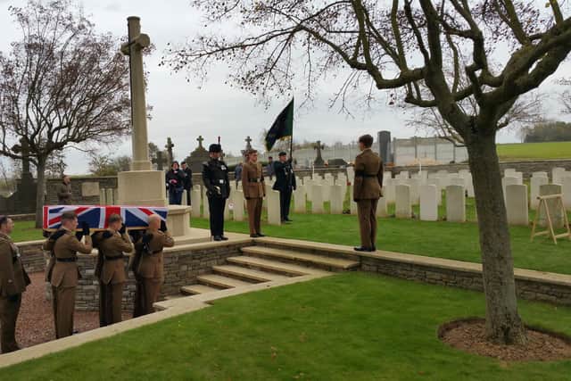 Private Greaves' coffin is carried into Heninel Communal Cemetery. He was 28 when he was killed near Arras, France, during a battle on May 15, 1917. He was lost for 105 years until his remains were recently discovered.