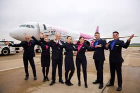 Wizz Air first flight to Faro, Portugal from Doncaster Sheffield Airport. Pictured are flight crew. Picture: Shaun Flannery/shaunflanneryphotography.com