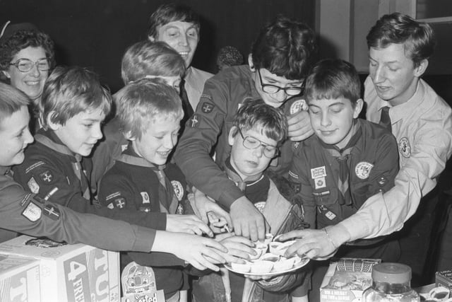 Toffee cakes were popular on the tuck stall manned by Scouts at Park Road Methodist Church Scouts Fair in 1982.