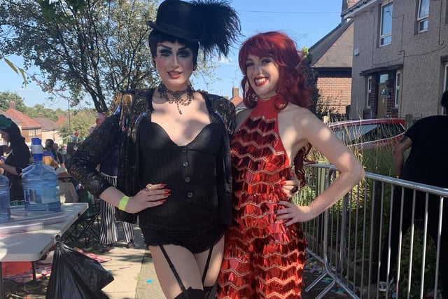 Drag queens during the Everybody's Talking About Jamie street party on Deerlands Avenue, Parson Cross, Sheffield, where filming took place for the 2021 cinema adaptation of the show