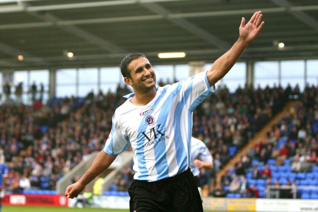 Lester celebrates scoring a penalty to put the Spireites in the lead against Shrewsbury in October 2007.